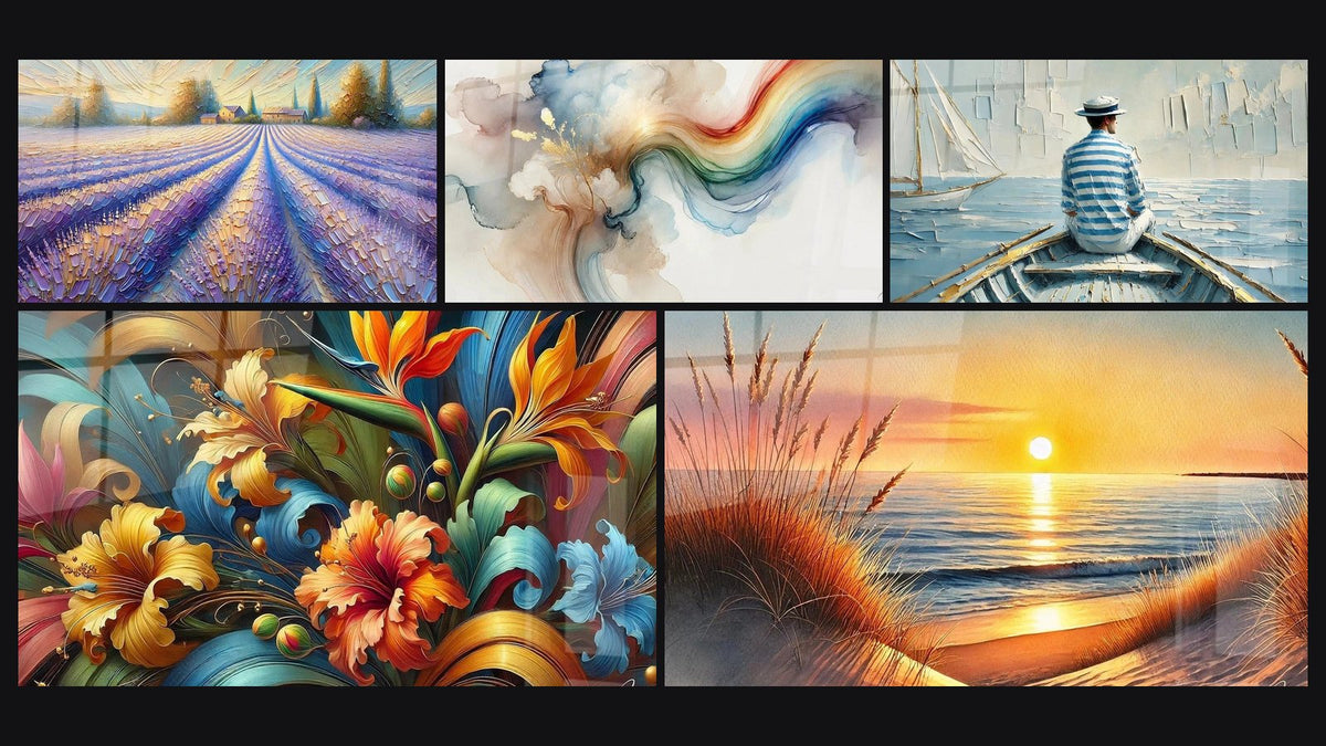 Mozaïek van vijf schilderijen, waaronder Tafel Provençaals Landschap, Ode aan de Kleur en De Kunst van Water