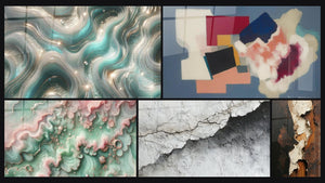Mosaico de cinco cuadros, entre ellos Ondas Centelleantes, Formas geométricas poesía cuadrada y Bruma Esmeralda