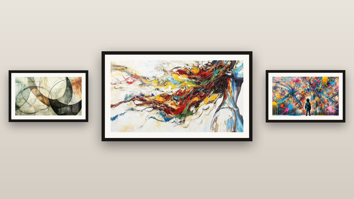 Gallery wall with three framed paintings: Modern Muse, The Invisible Bonds and Paint Bursts