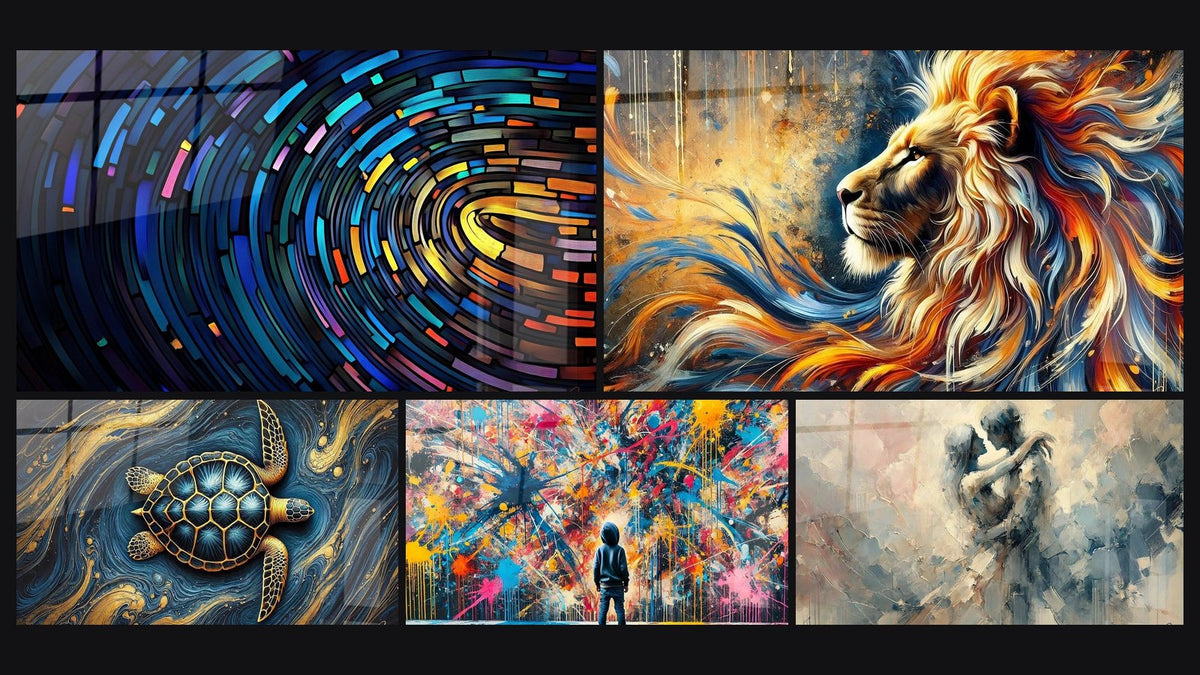 Mosaic of five paintings, including Digital Colored Tunnel, Ocean Guardians and Savage Flame