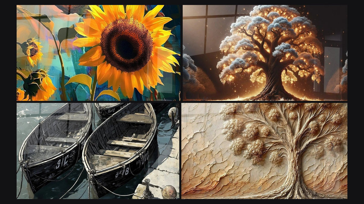 Mosaico di quattro quadri, tra cui Girasole N°1, Porto N°2 e Albero della Notte