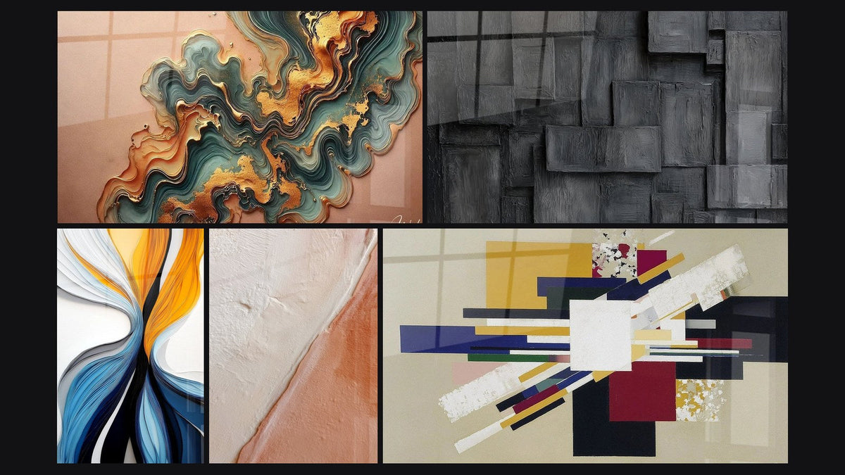 Mosaico di cinque quadri, tra cui Onda Ramata, Flux dinamici colorati di e Composizione Geometrica Tensione Creativa