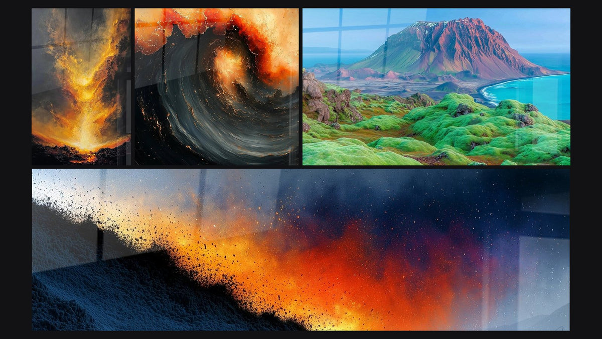 Mosaico di quattro quadri, tra cui Oceano Vulcanico Sublime e Paesaggio Vulcanico Islandese