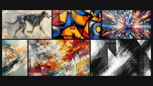 Mosaïque de six tableaux, dont Formes géométriques colorées, Éclat Cristallin et Flux et Reflux Doré