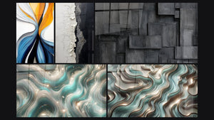 Mosaico de cinco cuadros, entre ellos Flujo dinámico colorido, Ondas Centelleantes y Textura Agrietada Blanco y Negro