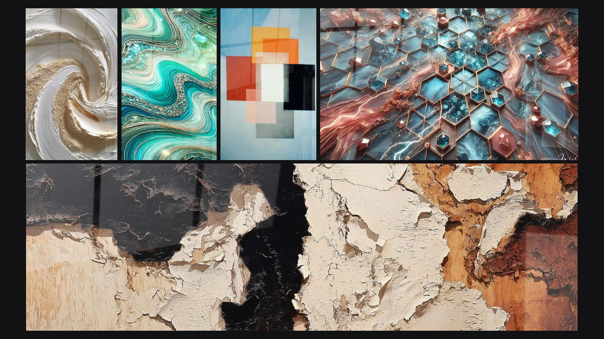 Mosaico di cinque quadri, tra cui Onde Cristalline, Forme Geometriche Contrasto Funzionale e Reti di Splendore