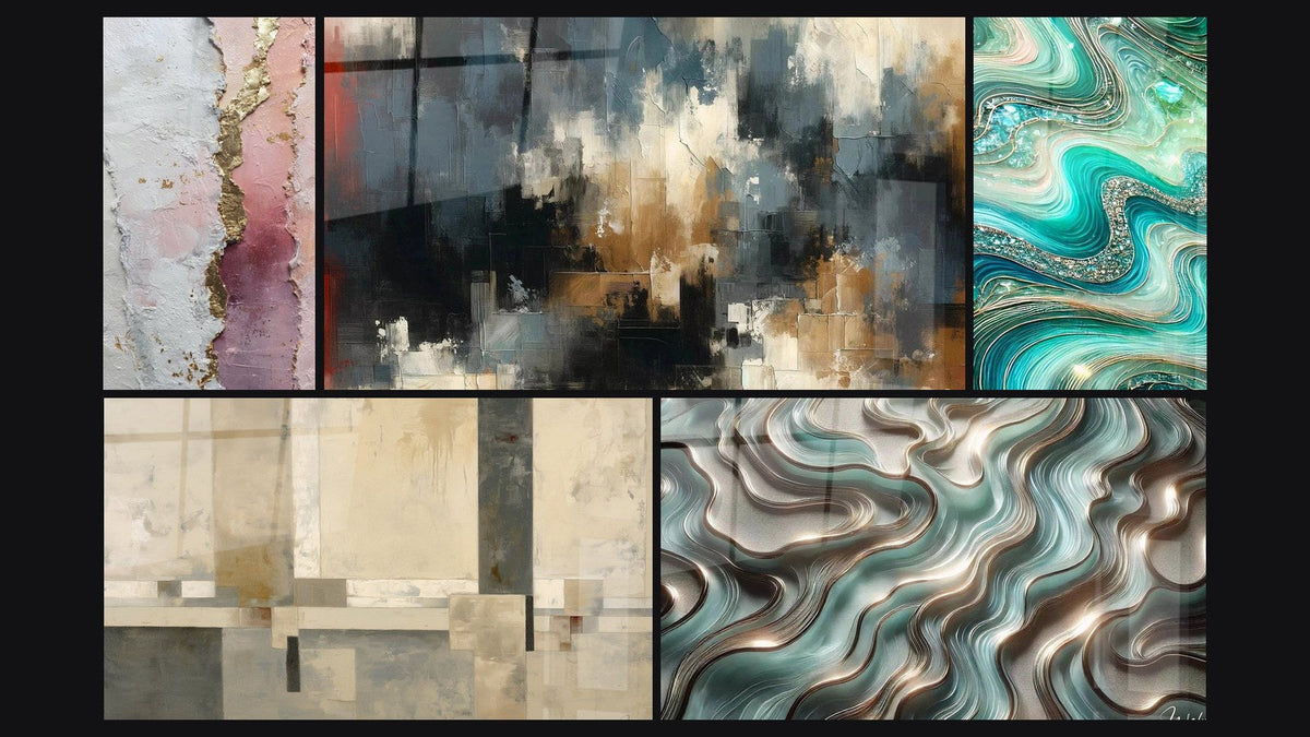 Mosaïque de cinq tableaux, dont Abstrait rose blanc or avec texture dorée et Composition géométrique beige et gris