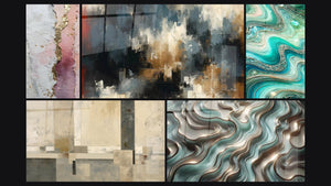 Mosaico de cinco cuadros, entre ellos Composición geométrica beige y gris, Caos Organizado y Olas Cristalinas