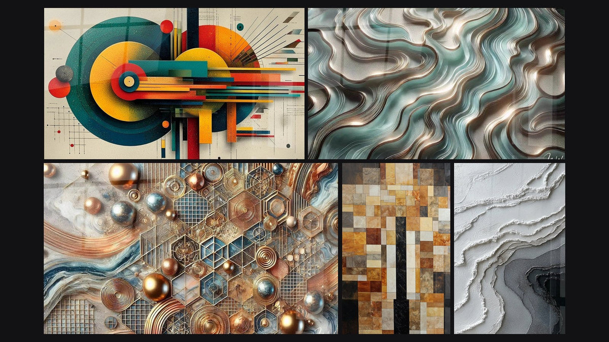 Mosaico de cinco cuadros, entre ellos Geométrico Energía Céntrica, Curvas Etéreas y Mosaico de Cobre