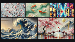 Mozaïek van vijf schilderijen, waaronder Elegante Bloem, De Dans van de Zee en Doorgang onder de Sakura