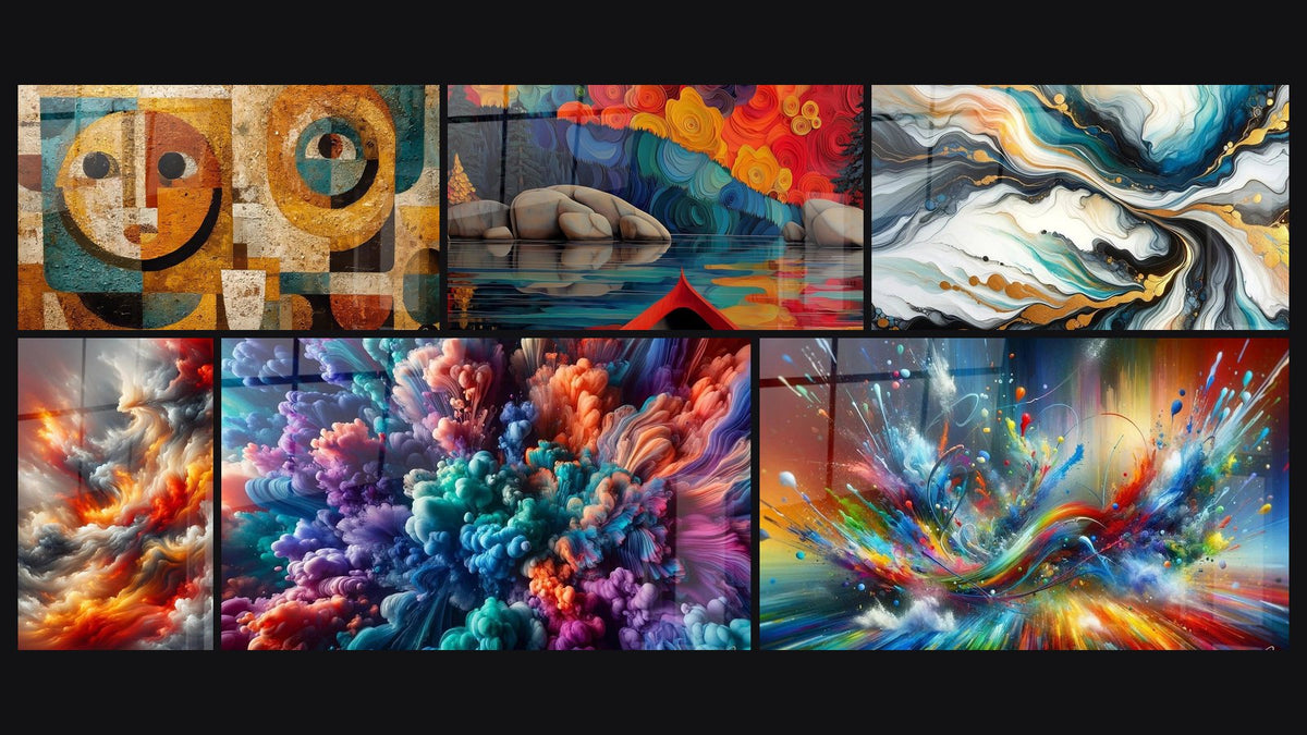 Mosaico di sei quadri, tra cui D'arte geometrica africana, Vetro autunnale astratto e Correnti Colorate