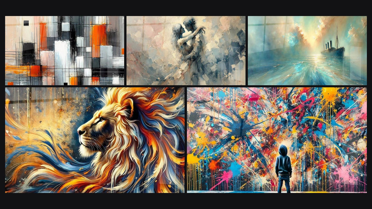 Mosaïque de cinq tableaux, dont Mécanique des couleurs, Flamme Sauvage et Éclats de Peinture