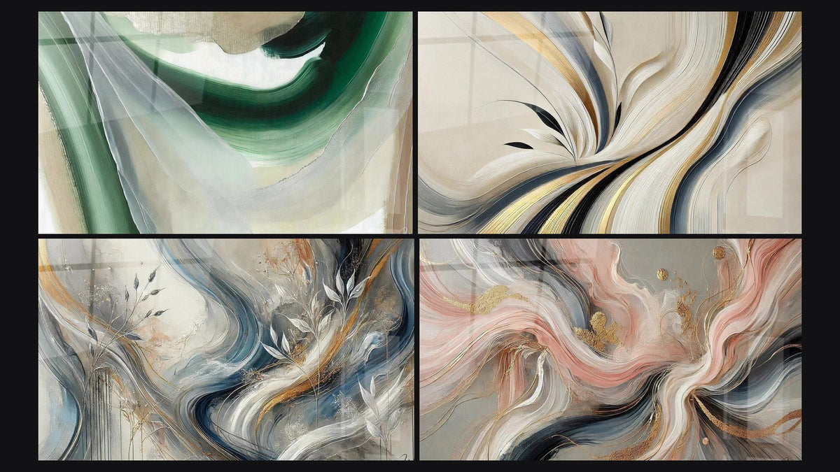 Mosaico di quattro quadri, tra cui Seta di Smeraldo, Sfumature Avvolgenti e Flussi di Seta