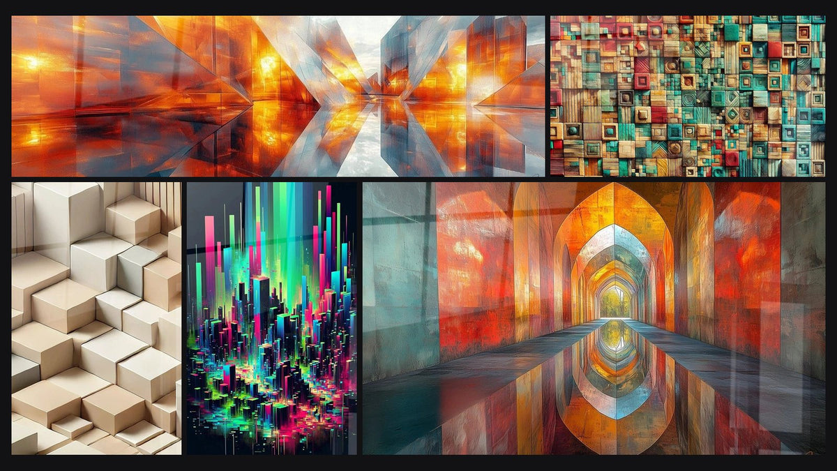Mosaico di cinque quadri, tra cui Convergenza Luminosa Ambra, Intreccio dei Colori e Minimalismo Scolpito