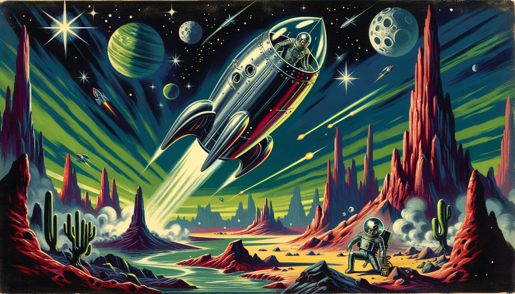 Couverture de magazine pulp sci-fi années 1940, fusée chromée sur planète alien aux couleurs saturées rouge-vert-bleu, style rétro-futuriste