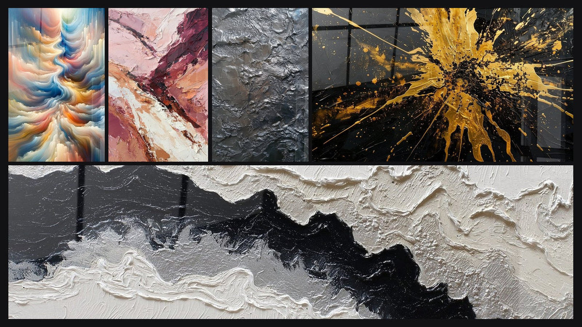 Mosaic of five paintings, including Resonance of Celestial Hues and Textured Silver Metallic Abstract Relief