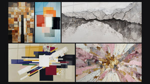 Mosaico de cinco cuadros, entre ellos Formas Geométricas Contraste Funcional y Composición Geométrica Tensión Creativa