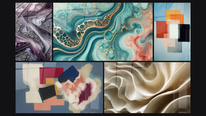 Mosaico de cinco cuadros, entre ellos Lámparas de Cuarzo, Marea de Acuarela y Formas geométricas poesía cuadrada