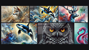 Mosaico de seis cuadros, entre ellos Eco del Bosque, Majestad Oceánica y Orka Estelar