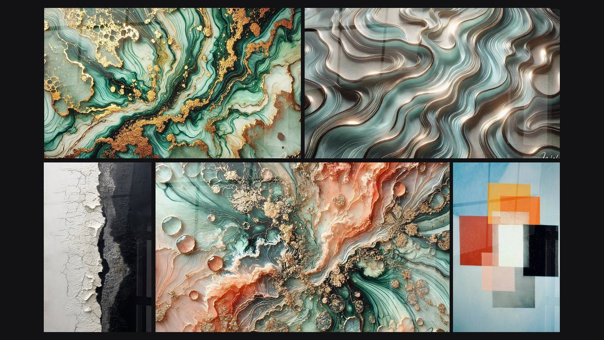 Mosaik aus fünf Gemälden, darunter Mystische Marmorierungen, Gesprungene Textur Weiß und Schwarz und Ätherische Kurven
