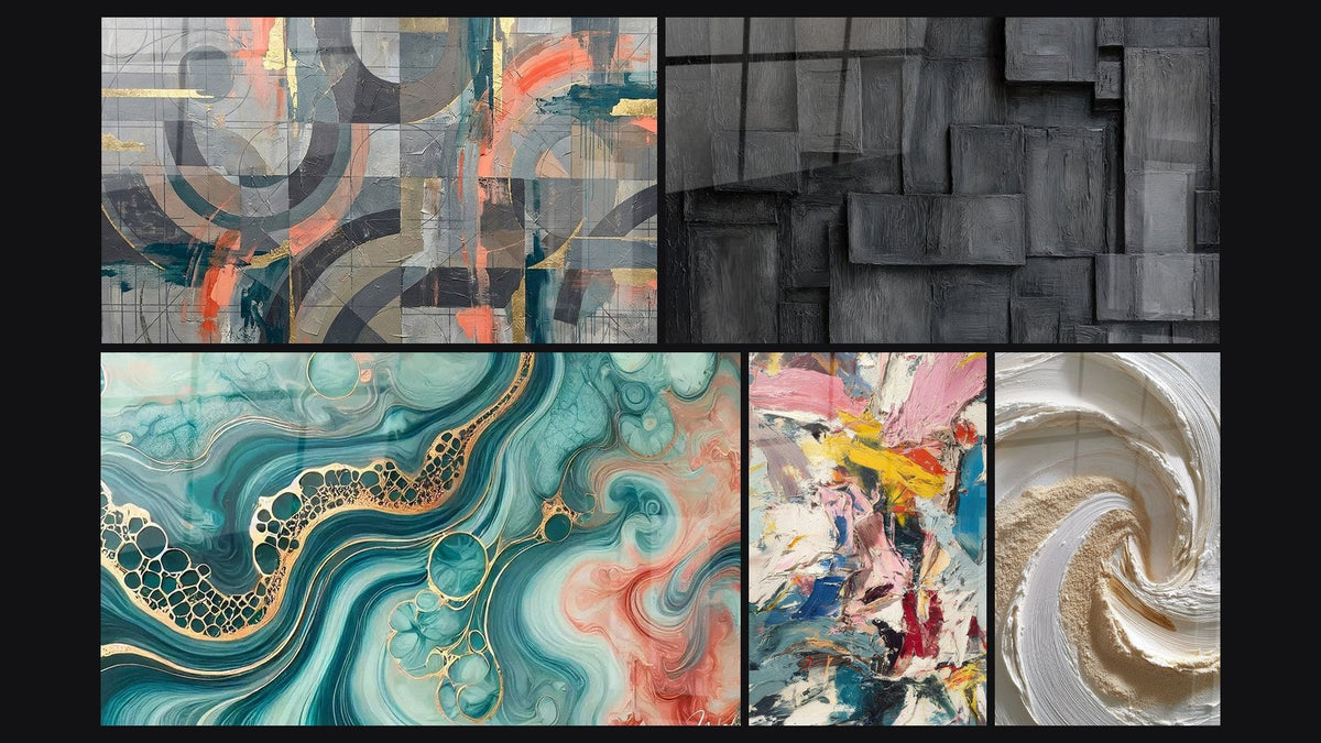 Mozaïek van vijf schilderijen, waaronder Aquarelgetijtafel, Explosie van kleuren en Spiraal goud-wit reliëf textuur