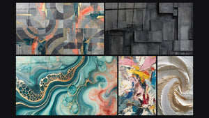 Mosaico de cinco cuadros, entre ellos Círculos grises y coral entrelazados, Marea de Acuarela y Explosión de colores
