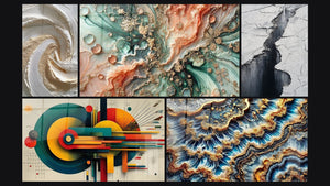 Mosaico de cinco cuadros, entre ellos Sueño Coralino, Geométrico Energía Céntrica y Grieta Glaciar Gris y Negro