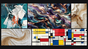 Mosaico de cinco cuadros, entre ellos Blanco Brillante y Sarcelle en Relieve y Serenata Mineral
