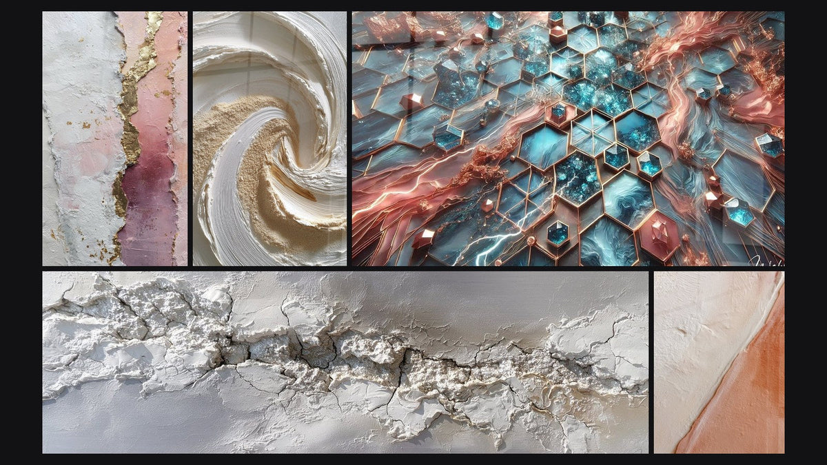 Mosaico di cinque quadri, tra cui Reti di Splendore e Astratto texture grigie e bianche ruvide