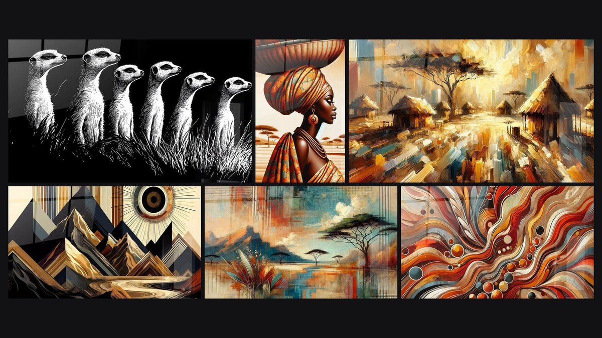 Mosaïque de six tableaux, dont Suricate N°1, Vision Tribale et L'essence de l'Afrique