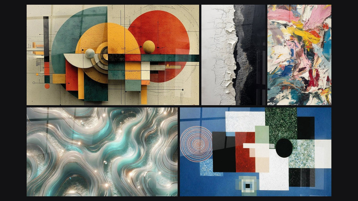 Mosaico de cinco cuadros, entre ellos Geométrico Revolución Circular, Textura Agrietada Blanco y Negro y Explosión de colores