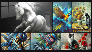 Mosaïque de six tableaux, dont Cheval Blanc, Envol Azur et Dialogue d'Or et de Bleu