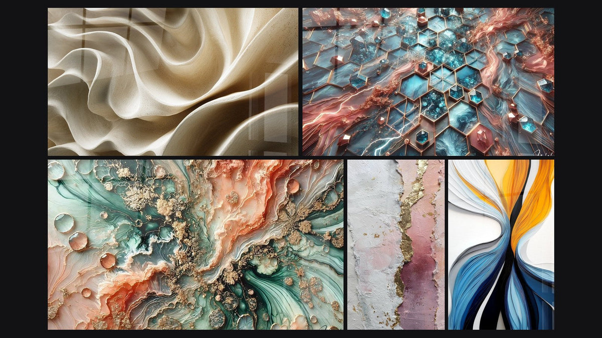 Mosaico di cinque quadri, tra cui Sogno Corallino, Reti di Splendore e Flux dinamici colorati di
