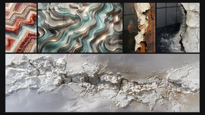 Mosaico de cinco cuadros, entre ellos Fusión Geométrica y Curvas Etéreas