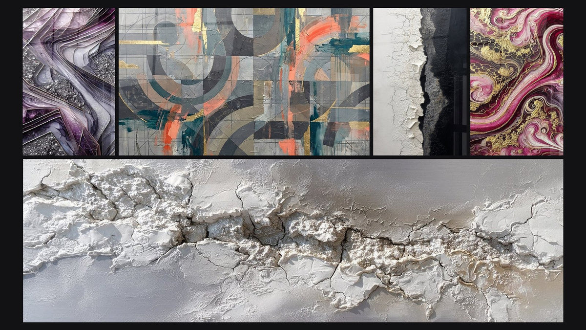 Mosaik aus fünf Gemälden, darunter Quarzlamellen, Gesprungene Textur Weiß und Schwarz und Purpurflammen