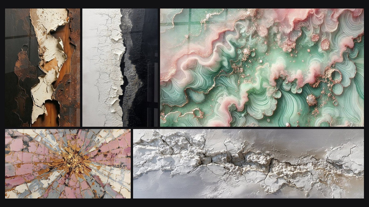 Mosaico di cinque quadri, tra cui Texture Crepa Bianco e Nero, Esplosione Rosa e Oro con Centro Radioso e Bruma Smeraldo