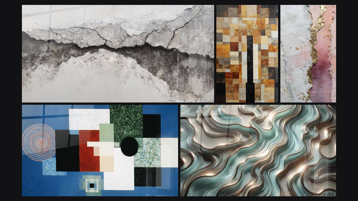 Mosaic of five paintings, including Ethereal Curves