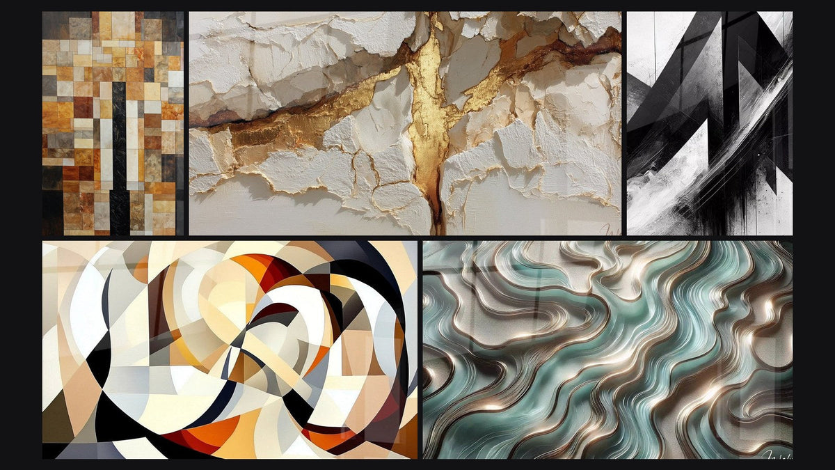 Mosaic of five paintings, including Fractured Trajectories, Interlocking circular shapes and Ethereal Curves