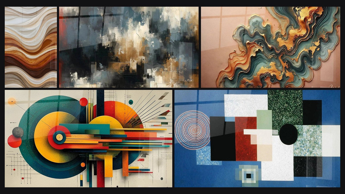 Mosaic of five paintings, including Geometric Concentric Energy, Organized Chaos and Wave Copper