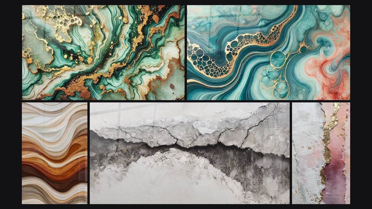 Mosaico di cinque quadri, tra cui Venature Mistiche, Onde Fluide Terra e Rame e Marea di Acquerello