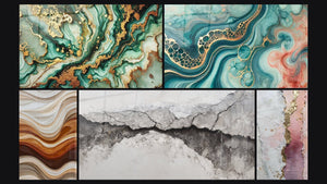 Mosaico de cinco cuadros, entre ellos Mármol Misterioso, Ondas Fluidas Tierra y Cobre y Marea de Acuarela
