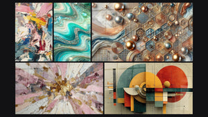 Mosaico de cinco cuadros, entre ellos Explosión de colores, Olas Cristalinas y Geométrico Revolución Circular