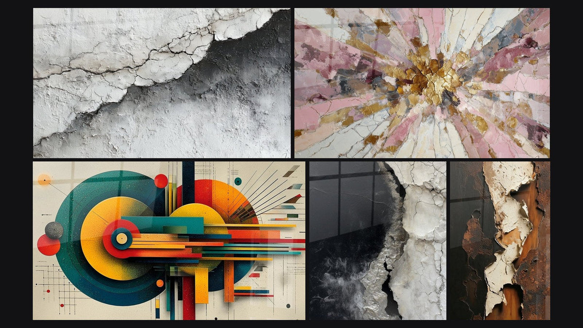 Mosaic of five paintings, including Textured Wall Art Cracked White and Grey and Geometric Concentric Energy