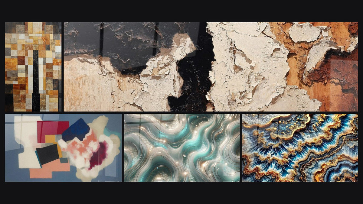 Mosaic of five paintings, including Geometric Forms Square Poetry, Shimmering Waves and Golden Tide