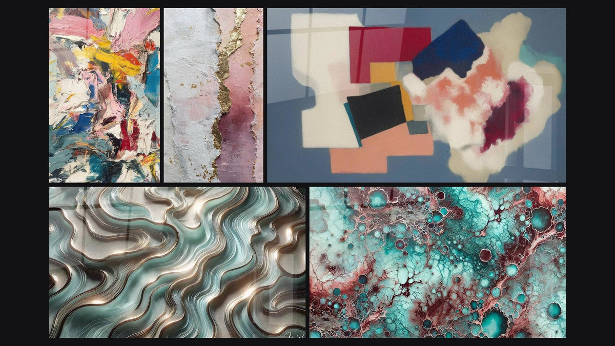 Mosaico de cinco cuadros, entre ellos Explosión de colores, Formas geométricas poesía cuadrada y Curvas Etéreas