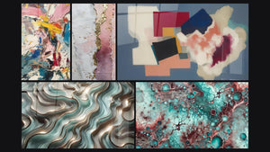 Mosaico de cinco cuadros, entre ellos Explosión de colores, Formas geométricas poesía cuadrada y Curvas Etéreas