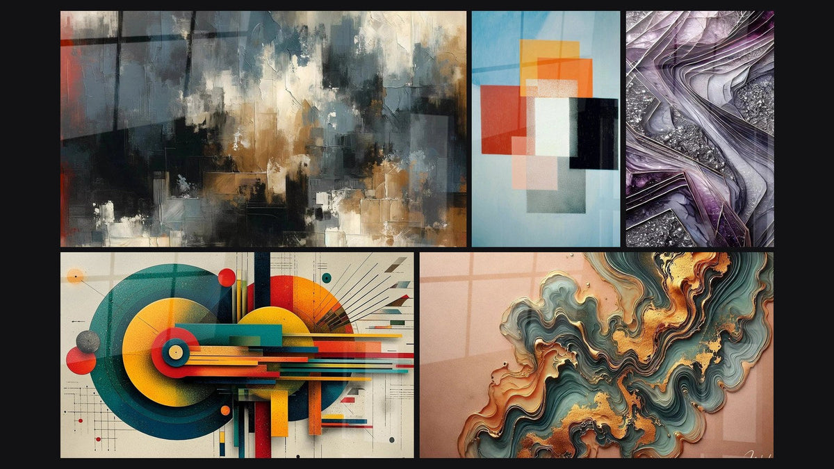 Mosaico de cinco cuadros, entre ellos Caos Organizado, Formas Geométricas Contraste Funcional y Geométrico Energía Céntrica