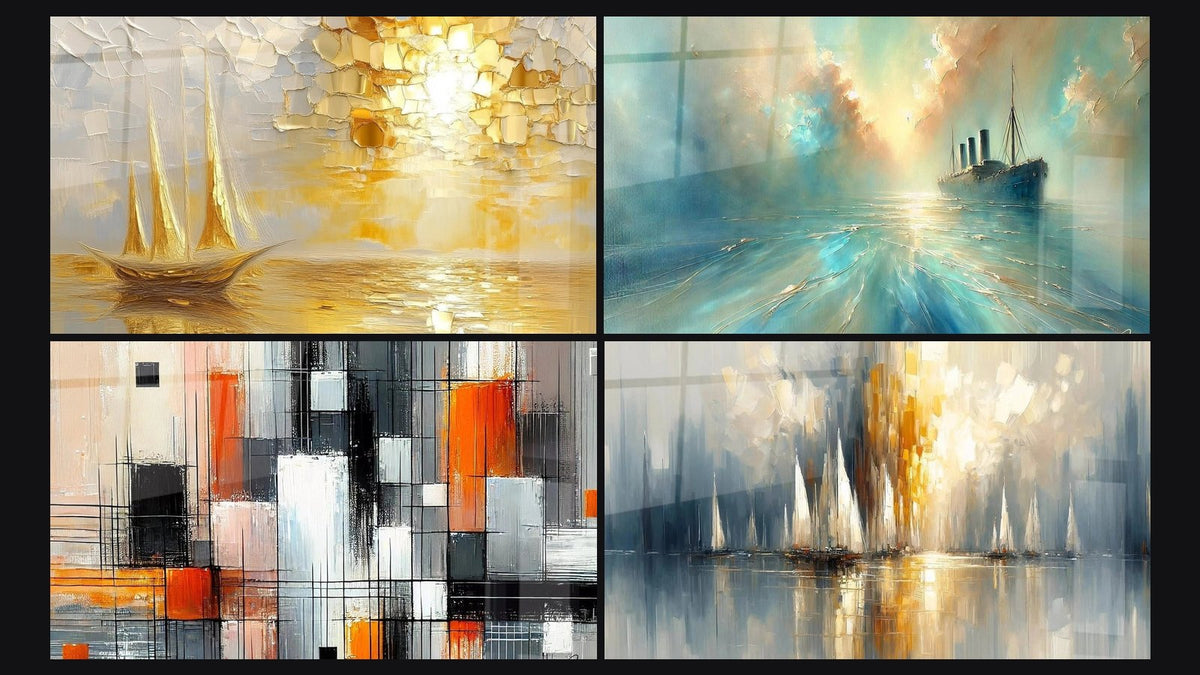 Mosaïque de quatre tableaux, dont Voilier coucher de soleil, Au Cœur de la Brise et Mécanique des couleurs