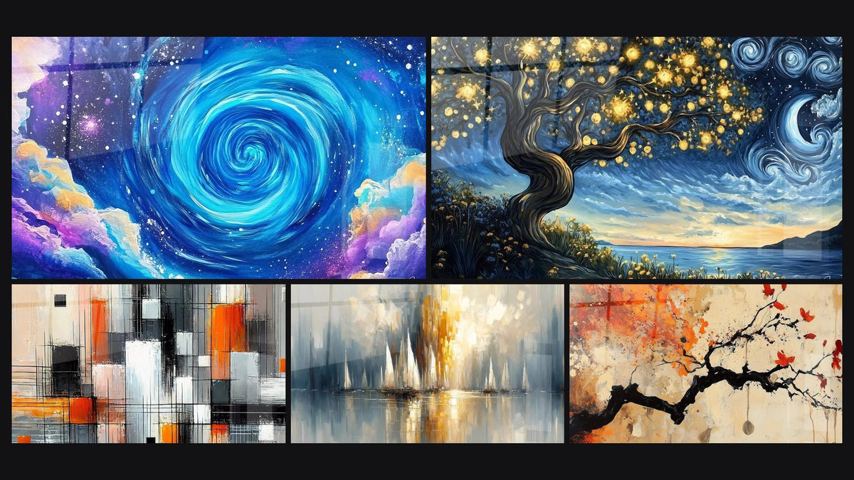 Mosaico de cinco cuadros, entre ellos Espiral cósmica azul, Mecánica de Colores y Aurora sobre la Bahía