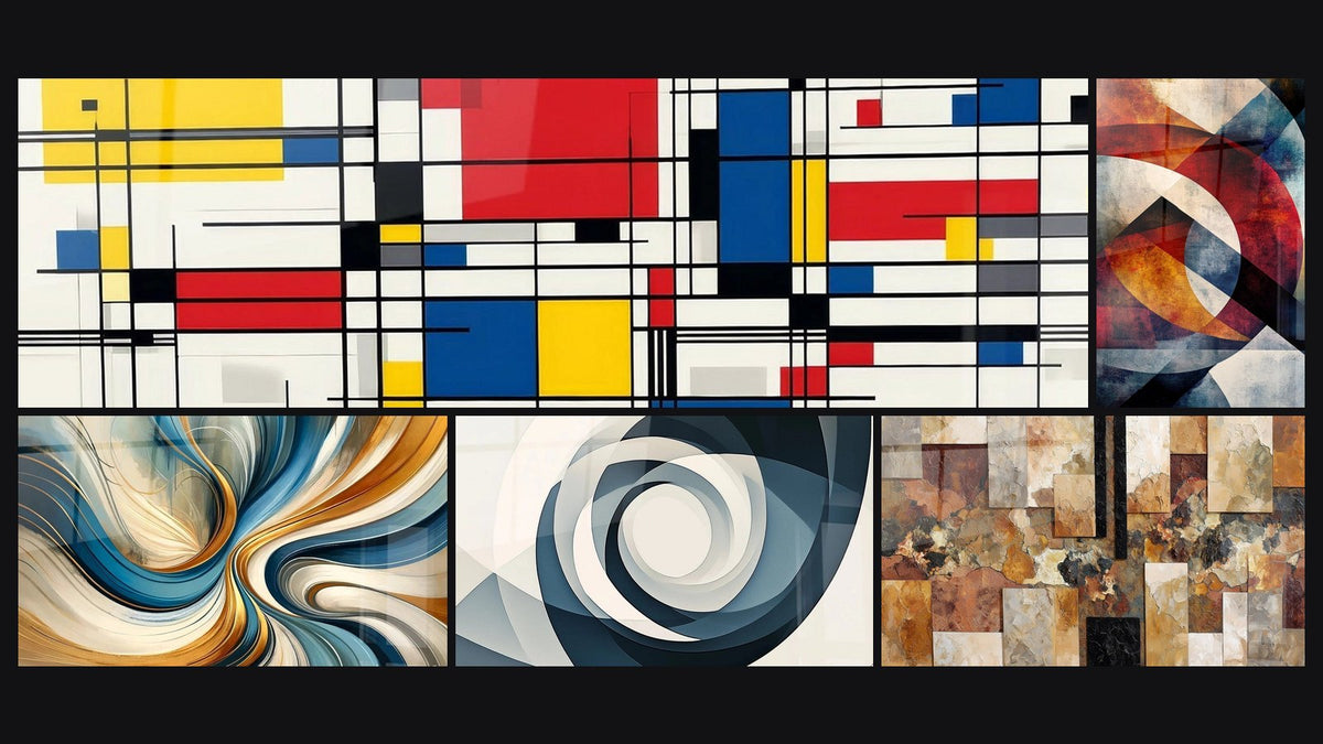 Mosaik aus fünf Gemälden, darunter Geometrische Komposition, Elegante Spiralen und Mit geometrischen Kreisformen
